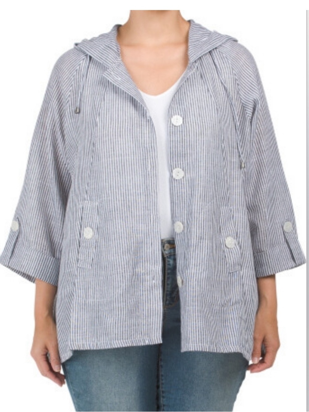 Jones & Co Linen blend gray and white striped button up tunic size 2X